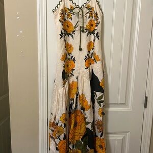 Farm Rio Yello and Orange Floral Anthropologie Asymmetrical Waist Maxi Sundress